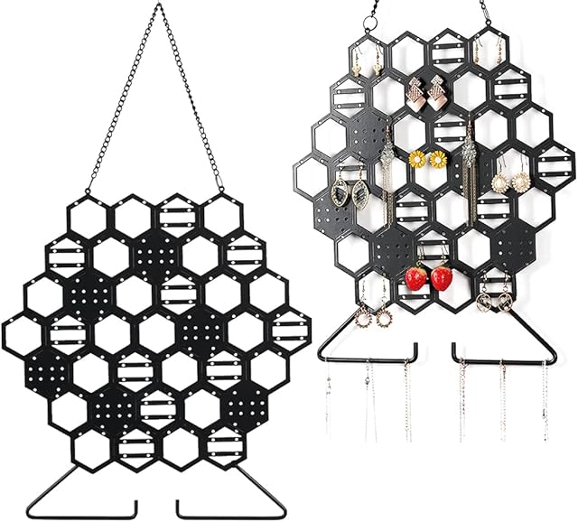 Rolin Roly Hanging Jewelry Organizer Honeycomb Wall Mounted Earring Display Hexagon Hanger Closet Storage Rack with Hooks Black Mesh Necklaces Bracelets Holder for Girl Women