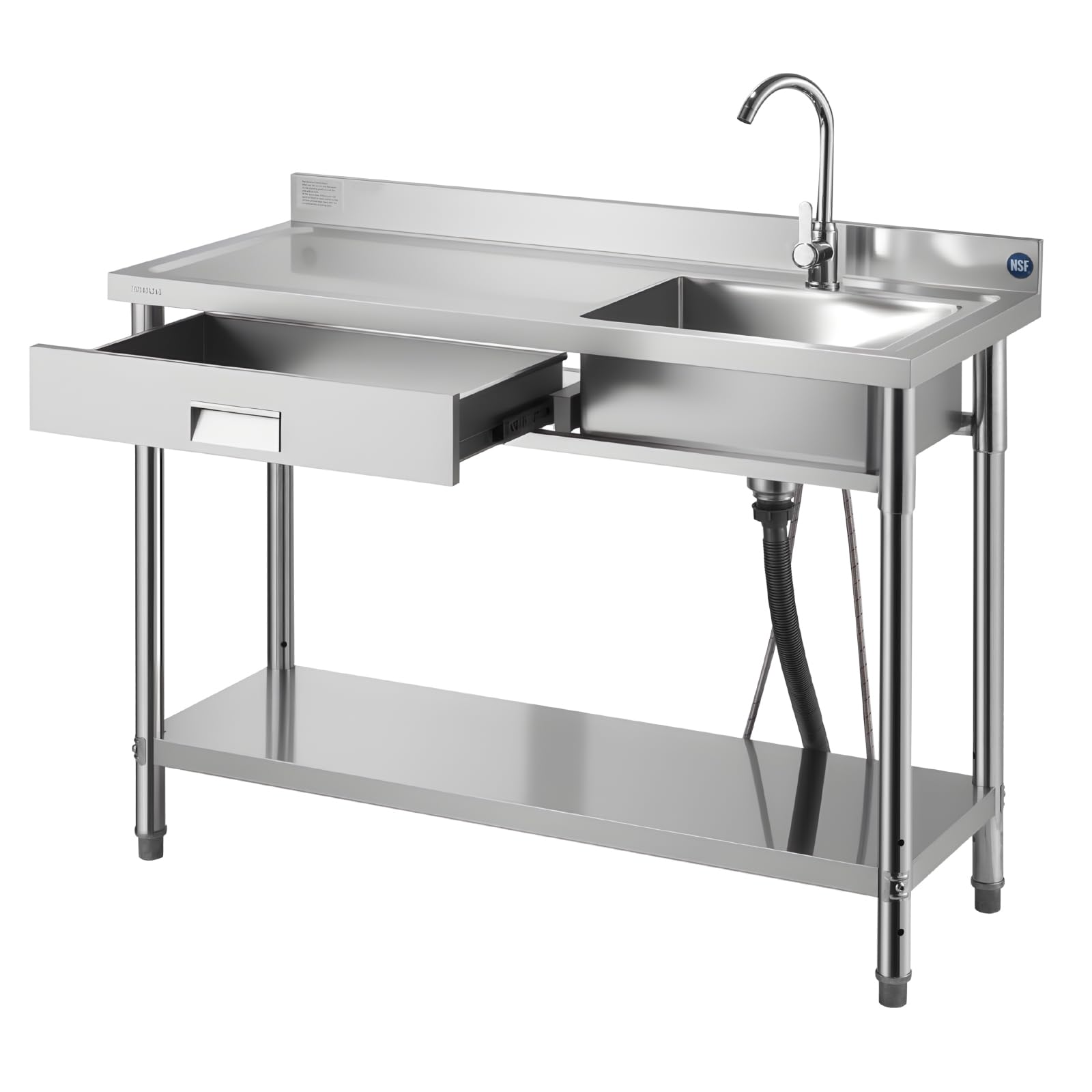 VEVOR Lavandino Mobile da Cucina 1200 x 500 x 940 mm, Vasca Singola con Rubinetto e Cassetto, Lavello da Cucina per Garage, Ristorante, Lavanderia, Lavabo da Esterno con Piano di Lavoro Sinistra