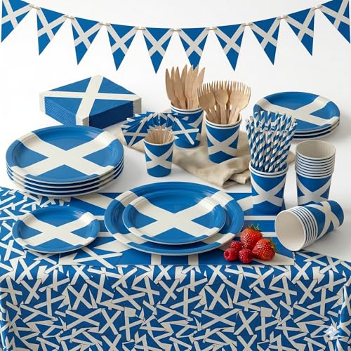 Scotland Flag World Cup Party Tableware Dinner Set for 24 Guests Scottish St Andrews Cross 294pcs - Disposable Dinnerware Plates Cups Tablecloth Bunting & More Football Rugby Party Decorations