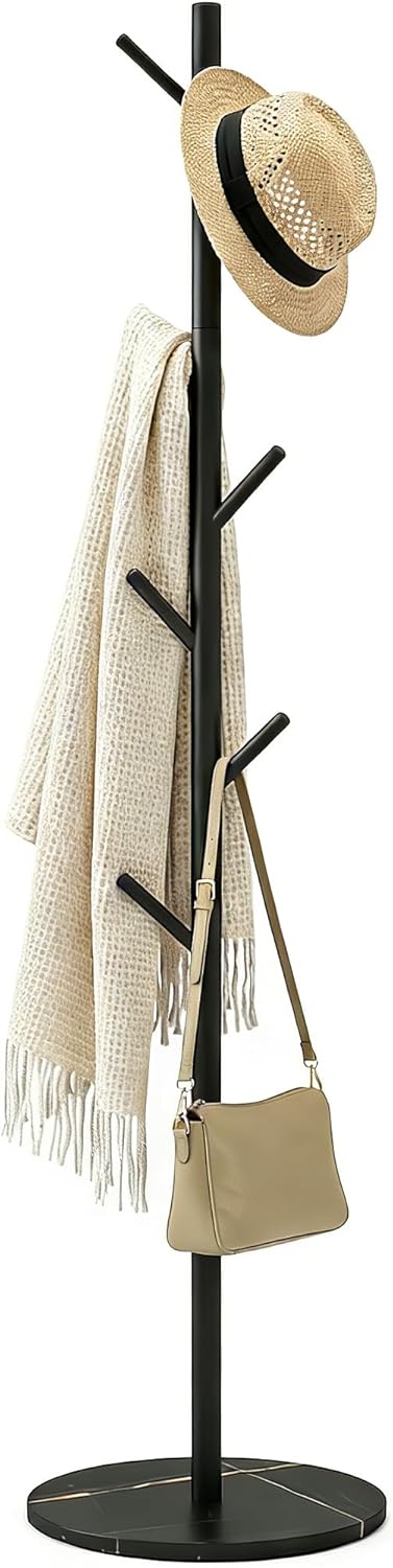 Coat Rack with Round Stable Base, Freestanding Metal Tree-Shaped Coat Hanger Stand with 7 Anti-Scratch Hooks, Anti-Tip Design, Easy Assembly Space Saving Hall Tree for Entryway, Bedroom, Office, Black