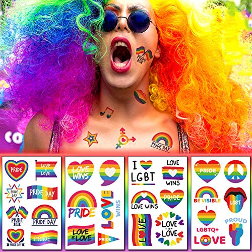 10 Sheets Rainbow Temporary Tattoo Sticker Pride Day Rainbow Flag Heart Design Tattoo Decals for Women Men Body Art LGBT Pride Party Favors Equality Parades Celebrations