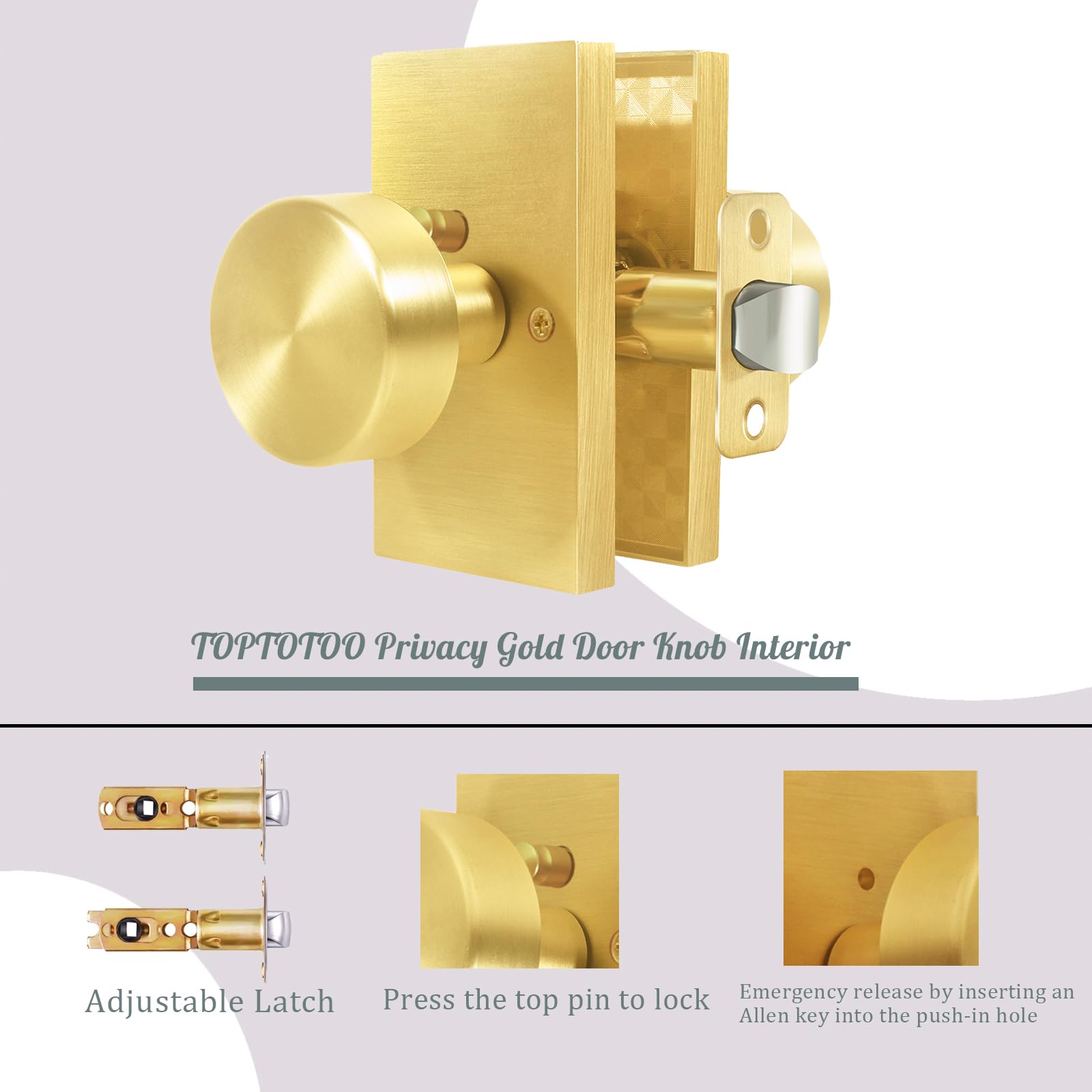 ToPToToo Brushed Gold Door Knobs Interiorï¼ŒPrivacy Door Knob with Lock, Modern Door Handles, Satin Brass Door Knobs for Bedroom Bathroom