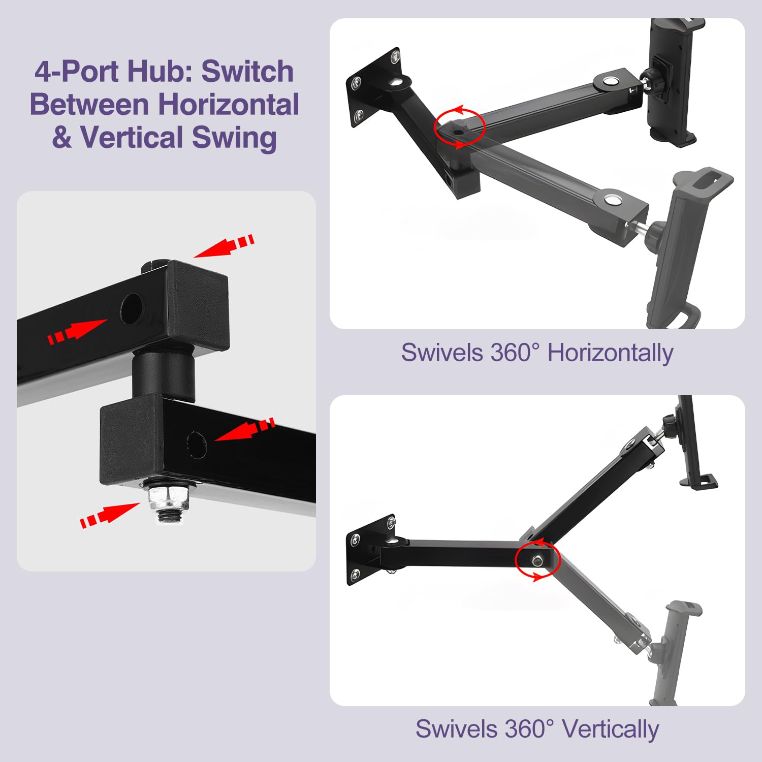 Soporte de pared para tableta, soporte de pared extensible de aluminio para iPad, rotación de 360°, soporte de pared universal ajustable para tableta para negocios y hogar inteligente, compatible con