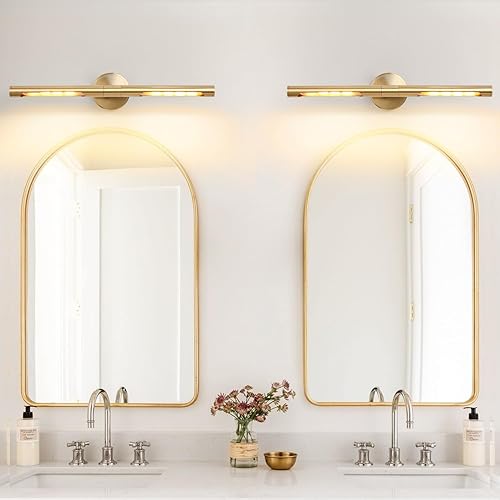 Miniatura 7 de Munbea Moderno aplique de pared dorado, accesorio de iluminación de baño de 24 pulgadas sobre espejo, luz giratoria de latón de 360 .