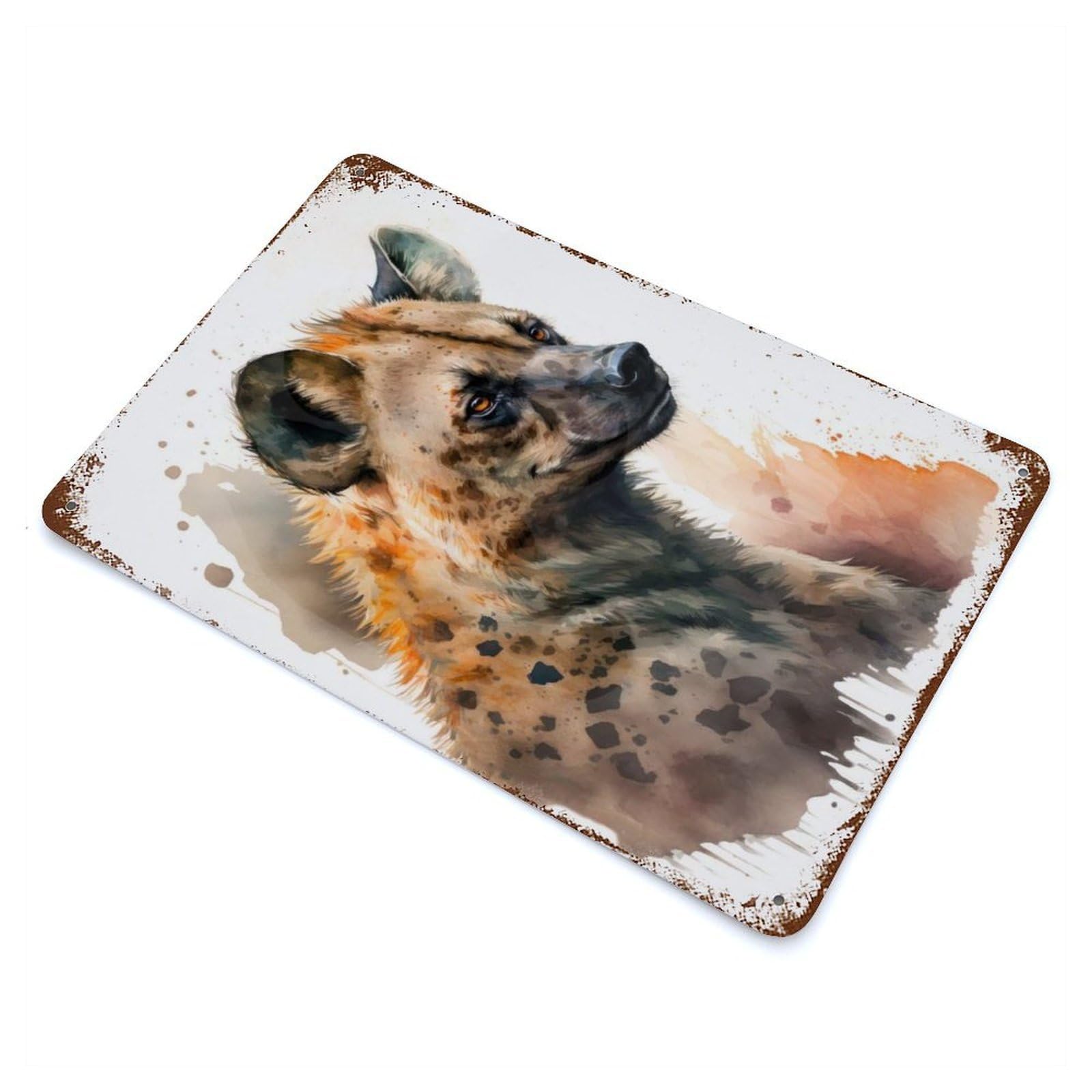 A Hyena Watercolor Design Aged Metal Wall Plaque 11.8"x7.9", Industrial Home Decor for Pub, Kitchen And Man Cave Decor