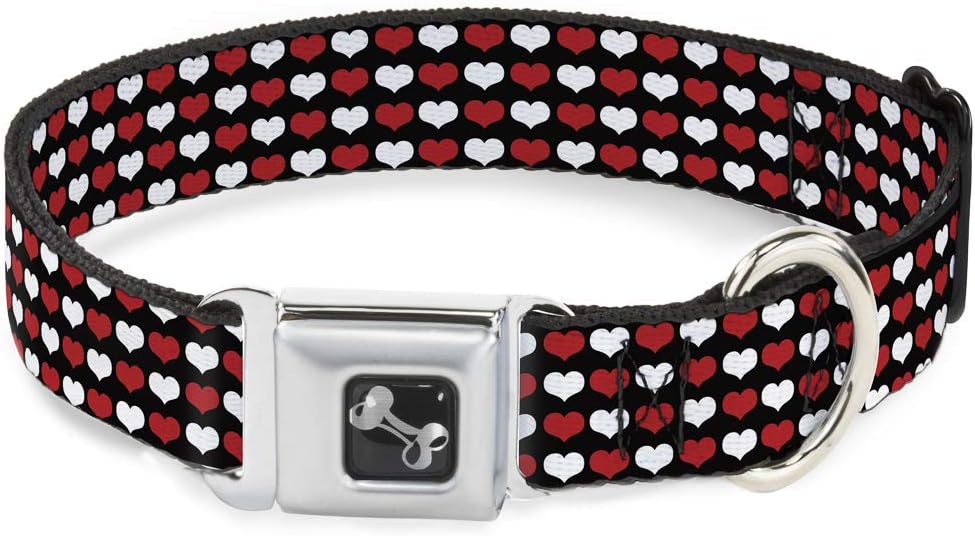 Buckle-Down Seatbelt Buckle Dog Collar - Mini Hearts Black/Red/White - 1" Wide - Fits 15-26" Neck - Large