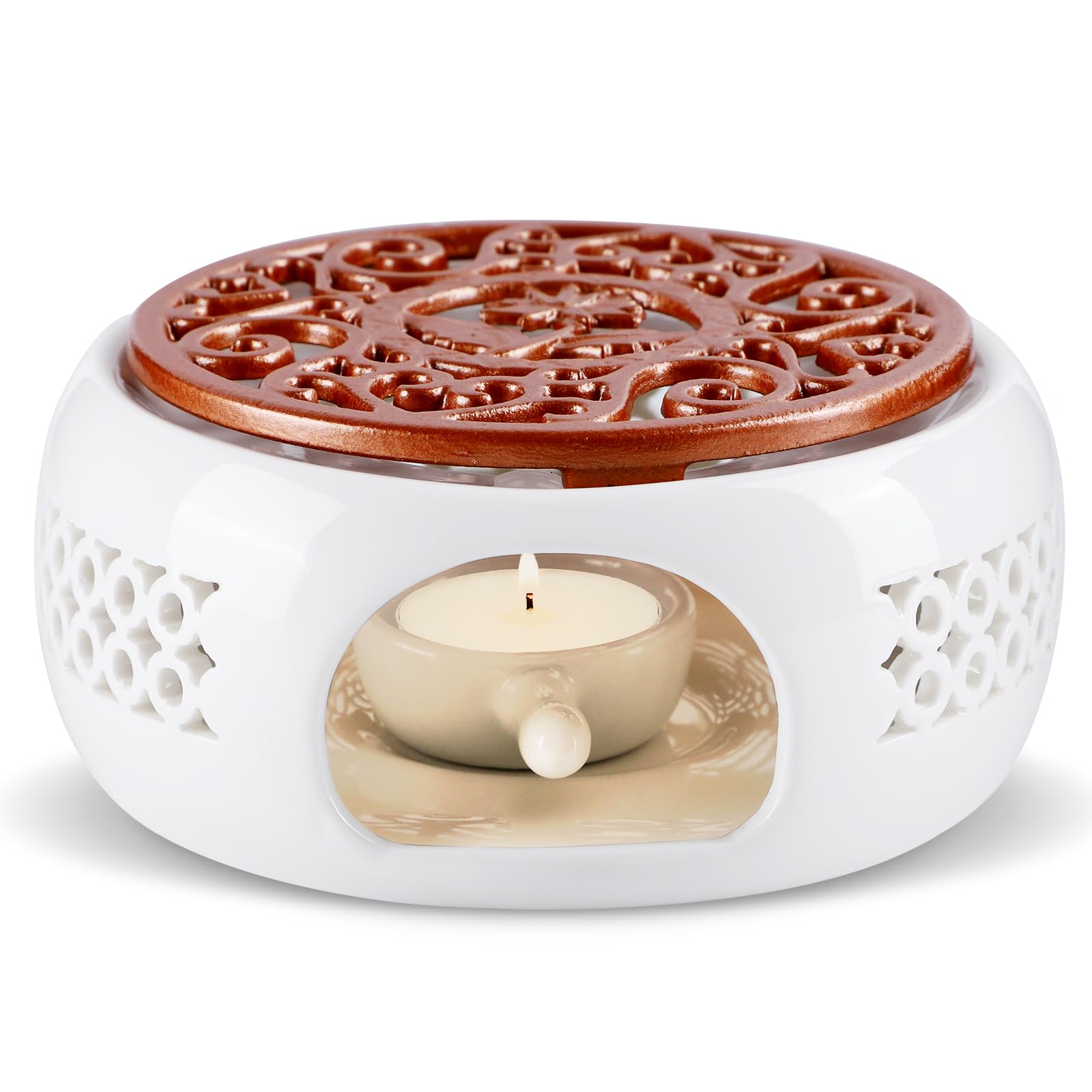 Ceramic Teapot Warmer, Tealight Warmer, Coffee Tea Warmer for Glass Teapot Stainless Steel Teapot Round Hollow Teapot Stove Heater Base with Spoon and Mat