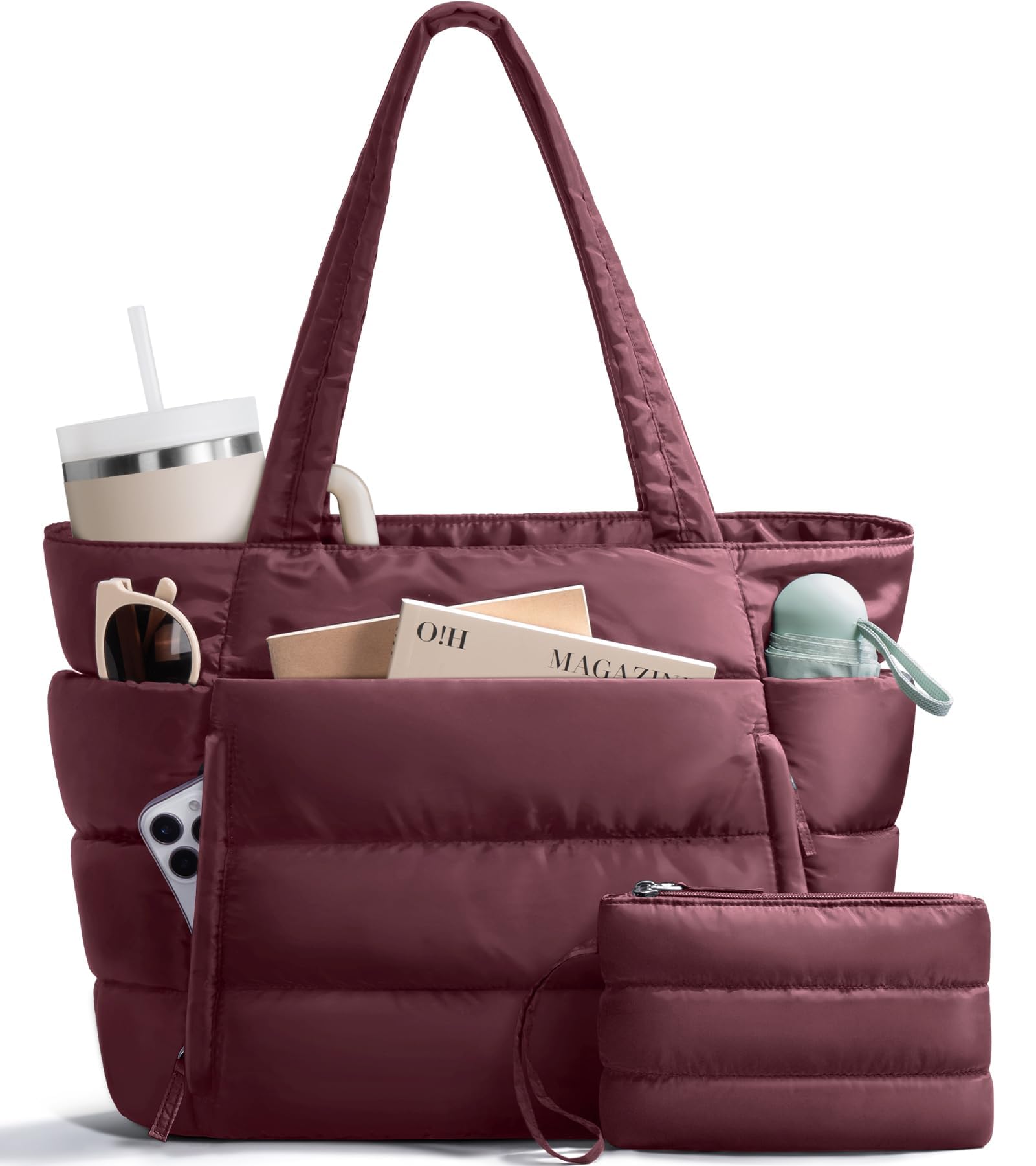 Bagstellar Puffer Tote Bag for Women, Lightweight Puffy Travel Gym Work Bag | 16 Pocket Teacher Nurse Quilted Shoulder Handbag Large Cloud Carry On 15.6" Laptop Computer Purse for School Nursing Clini