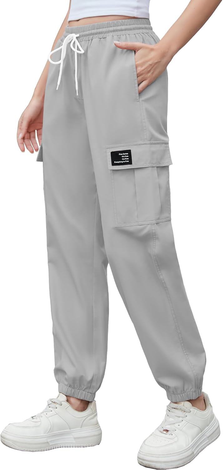 Cromoncent Girls&Womens Cargo Pants Elastic Waist Lightweight Outdoor Jogger Pants, 6 Years - XX-Large