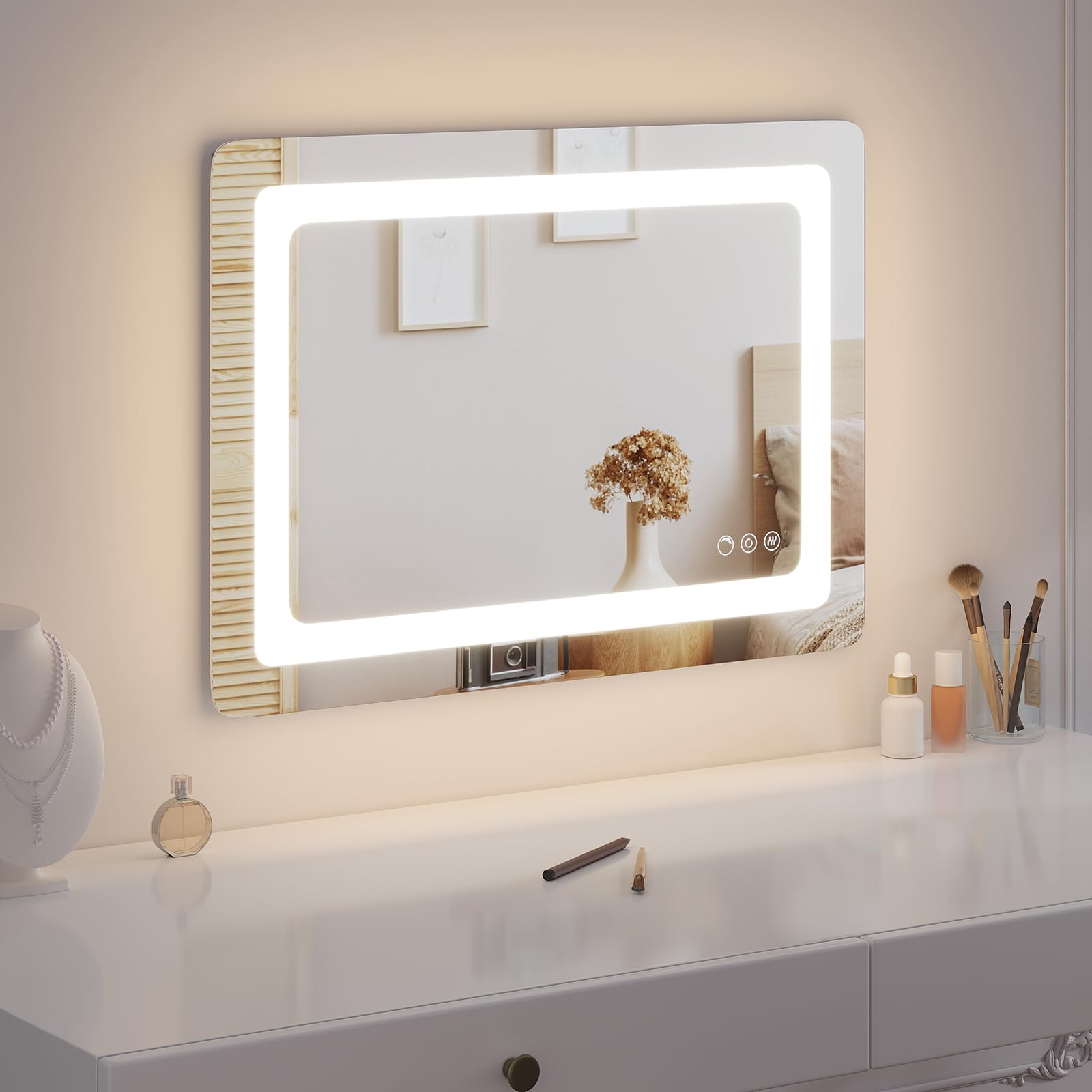 EUGAD Espejo Baño con Luz LED, Espejo de Maquillaje con Brillo Ajustable, con Función Antivaho y Memoria, Espejo Rectangular de Montaje Horizontal/Vertical, IP44, 50x70cm