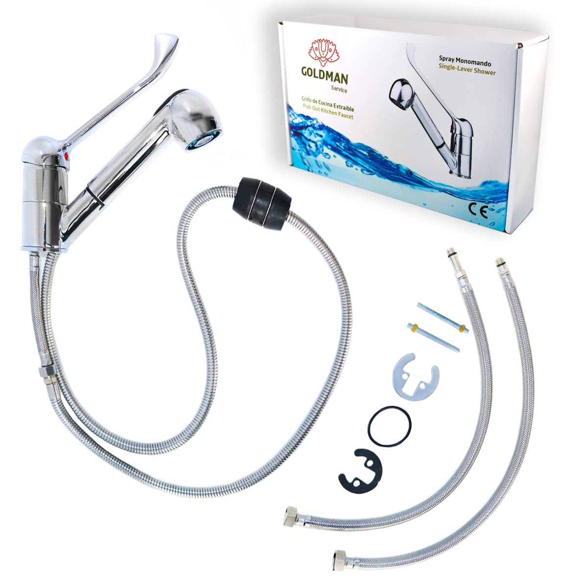 GOLDMAN SERVICE Grifo de Cocina extraíble spray ducha - Monomando Gerontológico palanca larga codo - Uso doméstico medical sanitario hospitales laboratorios hostelería industria