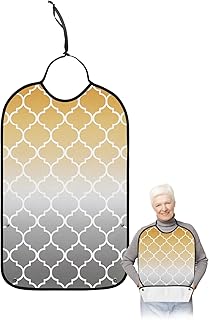 QueenKer Funny Adult Bibs for Eating, Gray Yellow Gradient Retro Morocco Pattern Waterproof Clothing Protector Washable Adult Bib with Crumb Catcher for Men Women Elderl and Seniors
