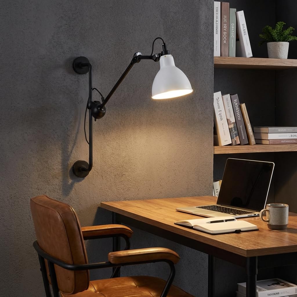 Aplique de pared articulado industrial RUBY 210 con enchufe E27, lámpara de pared orientable 360°, brazo ajustable estilo loft para dormitorio, estudio, oficina, salón o restaurante