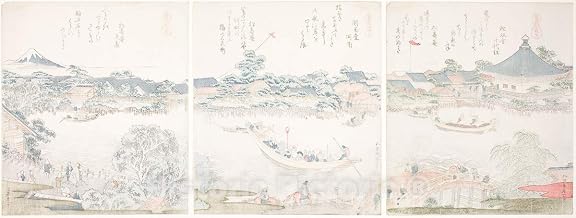 Historic Pictoric Print : Komagata Hall and O-umaya River Bank, from The Series A Selection of Horses (Uma zukushi), Katsushika Hokusai, c 1781, Vintage Wall Decor : 24in x 09in