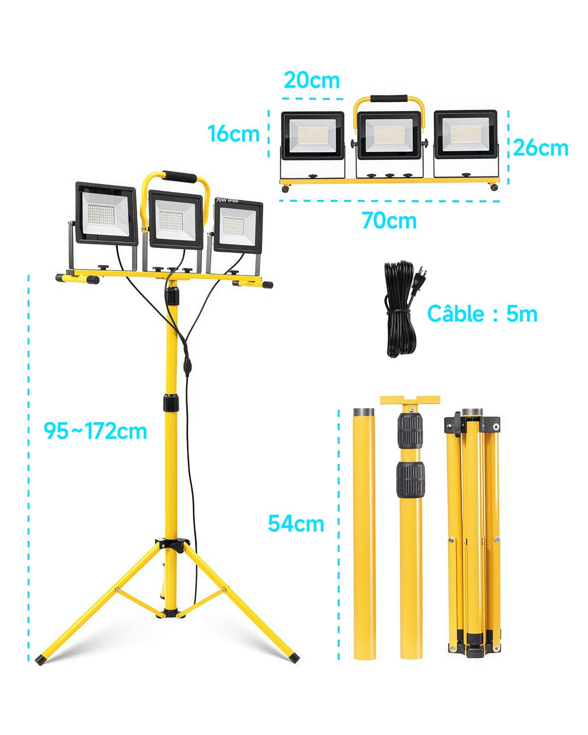 210W Projecteur LED Chantier avec Trépied, 20000LM, 3 Têtes Orientables, Câble 5m, IP66 Étanche, Lampe de Travail Pliable pour Extérieur, Chantier, Réparation Auto & Urgences