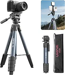 ULANZI TT39 Tripé de viagem com cabeça fluida, suporte leve para câmera DSLR e celular, suporte compacto de 61 polegadas com clipe para celular para vlogs ao ar livre e filmagens em movimento
