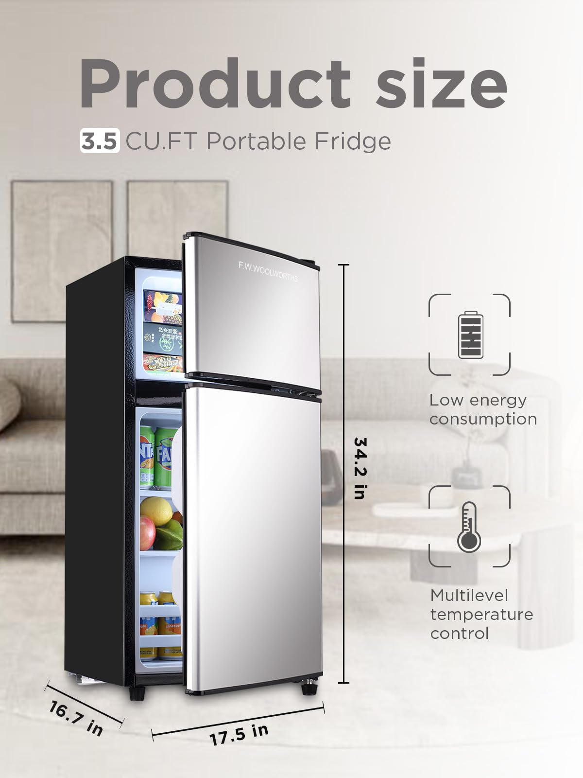 F.W.WOOLWORTHS 3.5 Cu.Ft Fridge with Freezer, Refrigerator with 2 Doors for Office, Kitchen, Dorm and Bedroom, Fridge with 7 Level Temp Adjustable Thermostat, Silver on Fridge.com