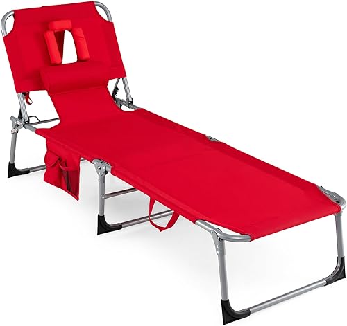 Miniatura 21 de COSTWAY Silla de playa plegable, silla de bronceado con orificio para la cara, respaldo ajustable de 5 posiciones, almohada y bolsillo lateral