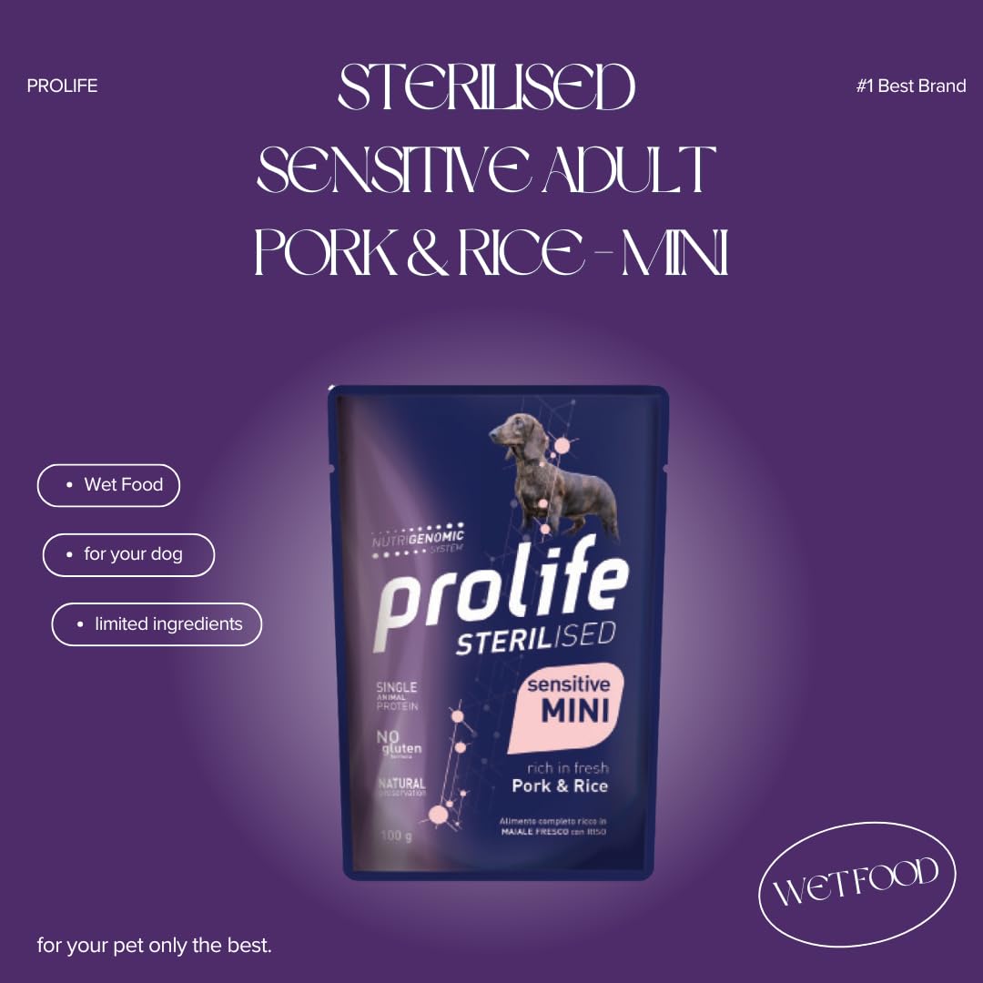 PROLIFE Cane Sterilised Sensitive Adult Pork & Rice - Mini | alimento umido completo per cani sterilizzati e/o sensibili di taglia piccola, prodotto senza glutine, 20 bustine da 100 grammi.