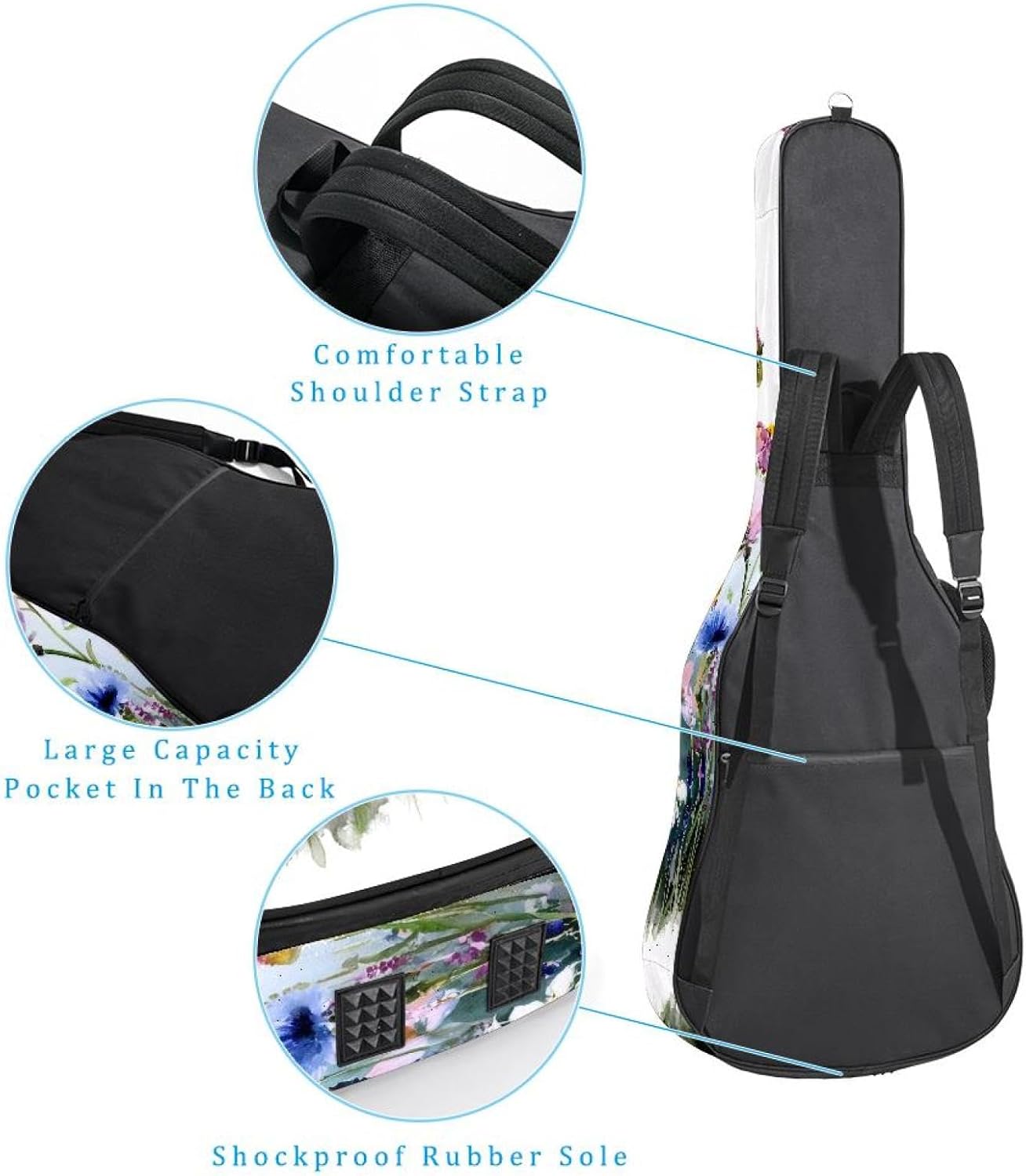 Acoustic Guitar Gig Bag 10mm Thick Padding, Soft Waterproof Guitar Case with Adjustable Backpack Straps for 40-42 Inch Guitar, Summer Wildflowers Herbs and Grass with Bee