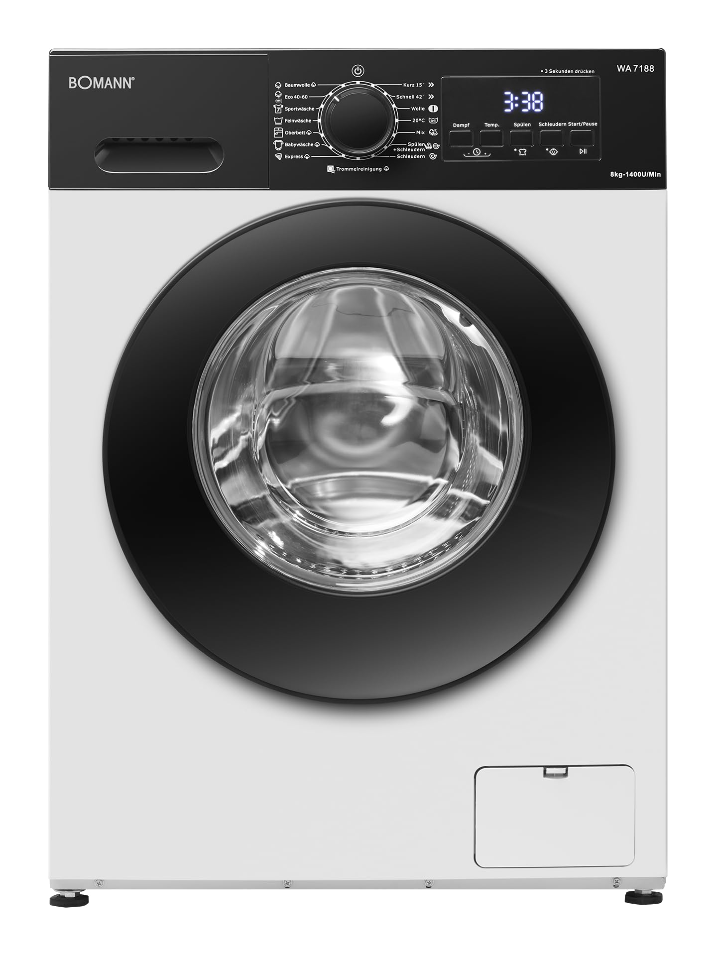 Bomann® Waschmaschine 8kg | 5 Jahre Motor-Garantie | Invertermotor-effizient, leise & langlebig | max. 1400 U/min | 15 Programme | Dampffunktion | LED-Display | Washing Machine | WA 7188 weiß-schwarz