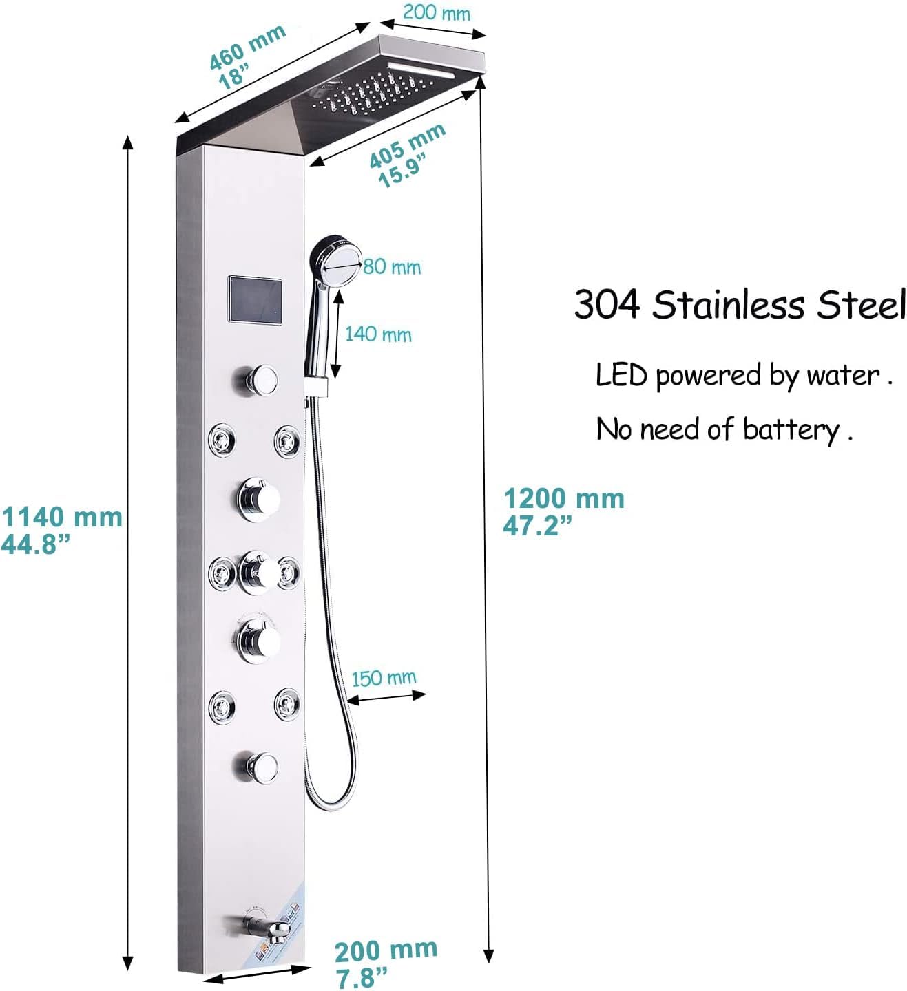 LED Columna de ducha de hidromasaje panel de ducha con 5 funciones de acero inoxidable 304, mezclador de masaje, cabezal de ducha fijo, ducha y boca bañera para baño