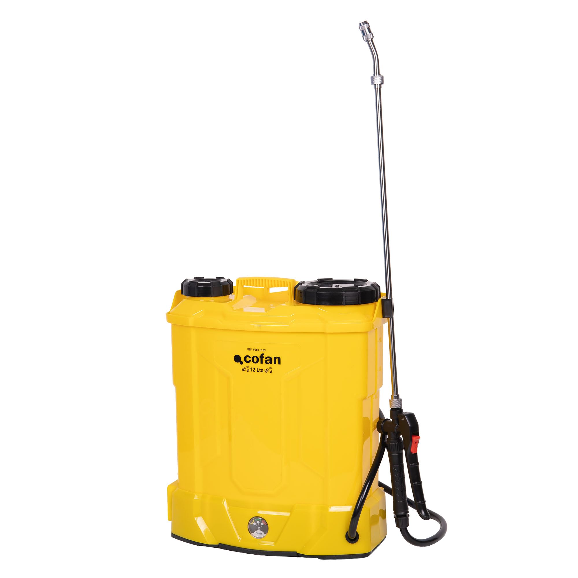 Cofan Pulverizador de Espalda Eléctrico, Sulfatadora Profesional de 12 litros, Batería de Litio 12 V, Lanza de Acero Inoxidable, 4 Boquillas Incluidas (Amarillo, 12 litros, Pulverizador de Espalda)