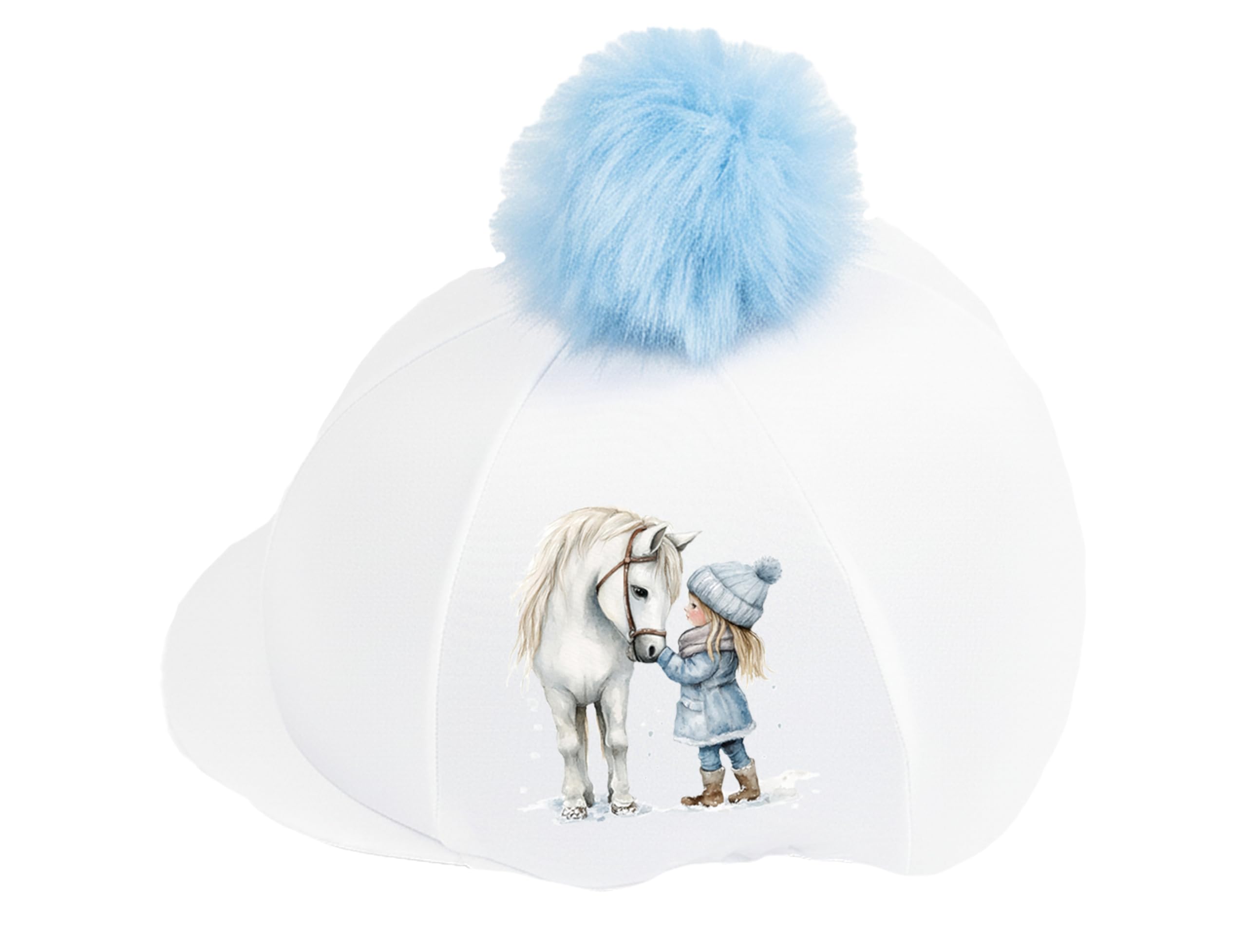 Luvponies Pony In The Snow Riding Hat Cover with Blue Pom Pom, Children's Equestrian Themed Hat Silk