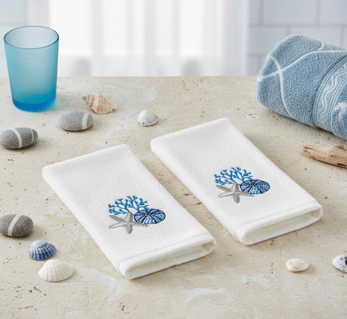 Serafina Home Summer Soft Absorbent Bathroom Coastal Guest Embroidered Fingertip Towels: Sealife Shell Starfish Coral Design, 2 Piece 12" x 18" Inches (Antigua Tip) - Image 9