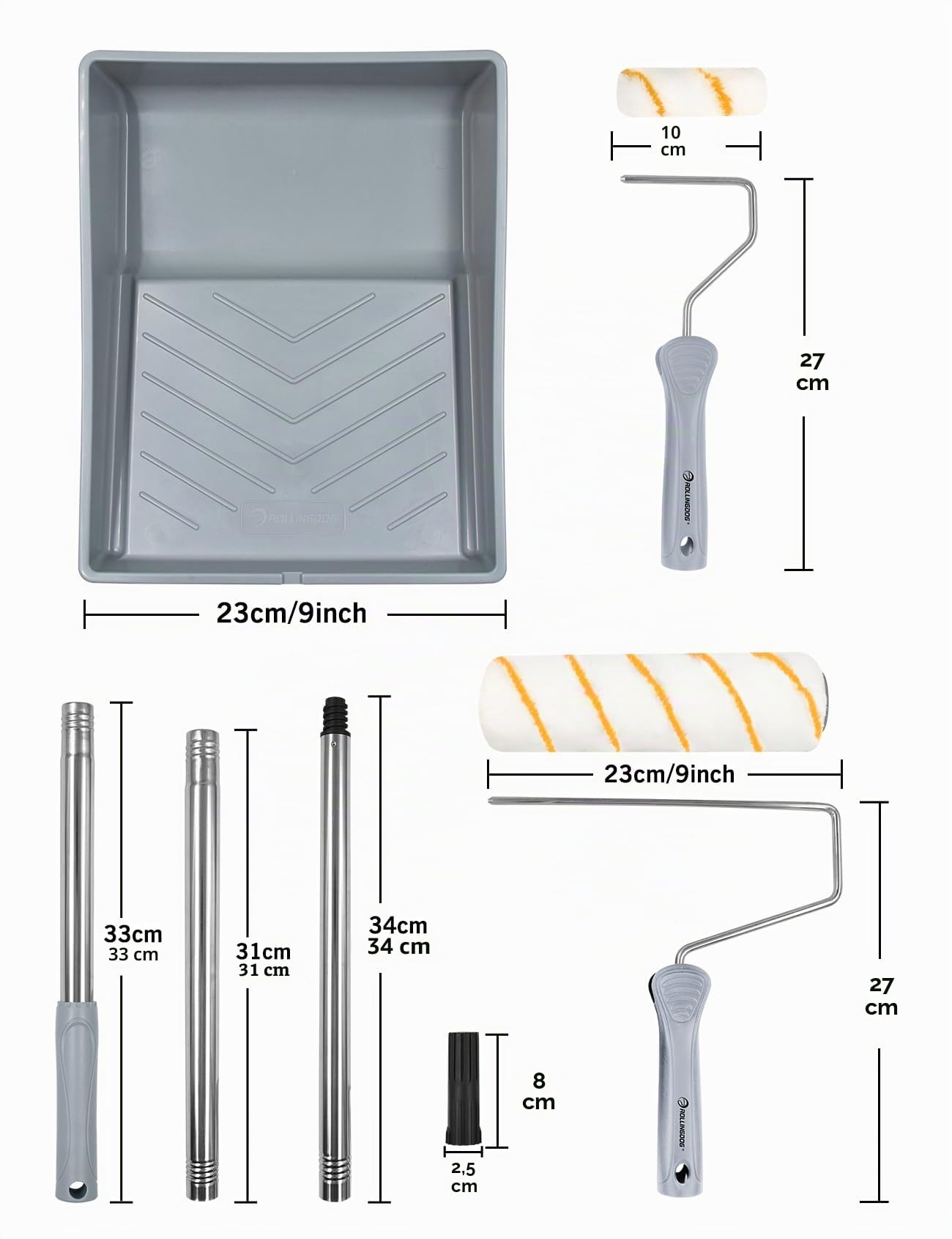 ROLLINGDOG Set de rouleaux de peinture– 22,9 cm rouleaux et plateaux de peinture, set de rouleaux de peinture, set de rouleaux de peinture avec rallonge, 10 pièces pour murs et plafonds