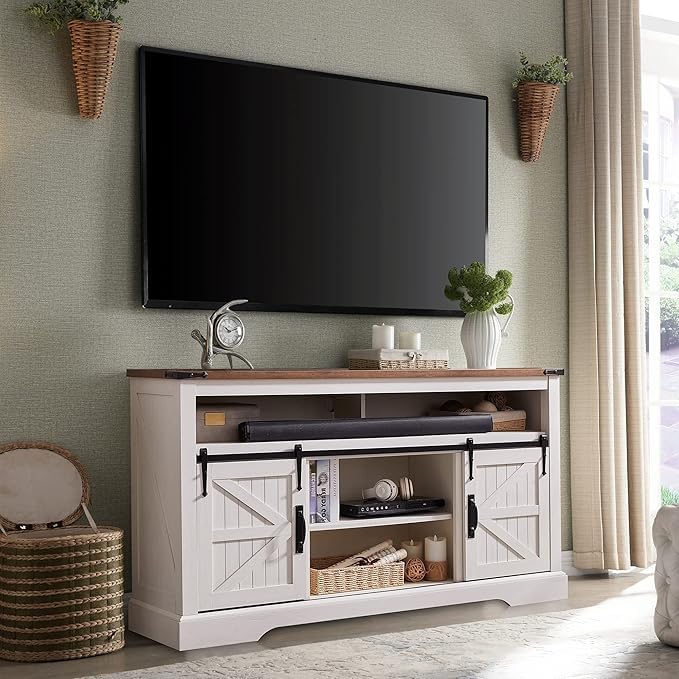 OKD Farmhouse Entertainment Center for 65+ Inch TV, 33" Tall Highboy TV Stand w/Sliding Barn Door, Rustic Wood Television Stand, Media Console w/Storage Shelves for Living Room, Antique White