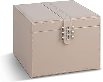 Glenor Co Earring Organizer Holder - 75 Small & 4 Large Slots Classic Jewelry Box with Drawer & Modern Closure, Mirror, 4 Trays Earrings, Ring or Chain Storage - PU Leather Case - Sand