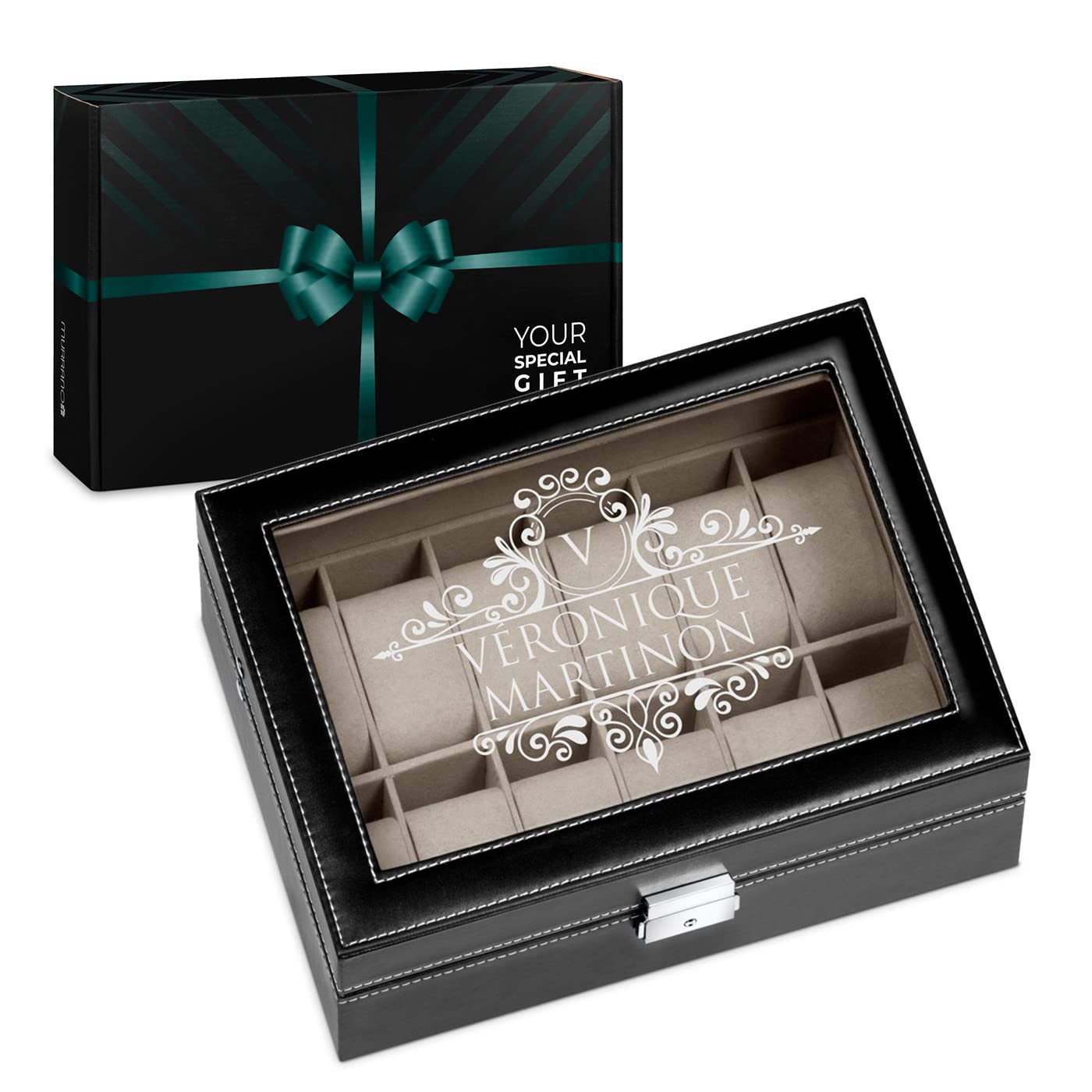 Maverton Boîte à montres avec un couvercle transparent, Coffret noir à personnaliser, Étui pour 12 montres avec vitrine gravée, Coffre à trésors - cadeau pour femmes - monogramme