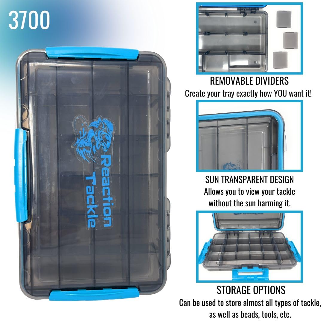 Reaction Tackle Premium Tackle Trays, wasserabweisende Angelausrüstungsbox Organizer mit Dreifach-Clip-Verschluss, herausnehmbare Trennwände und klares Sicht-Design, 3700 (3er-Pack)