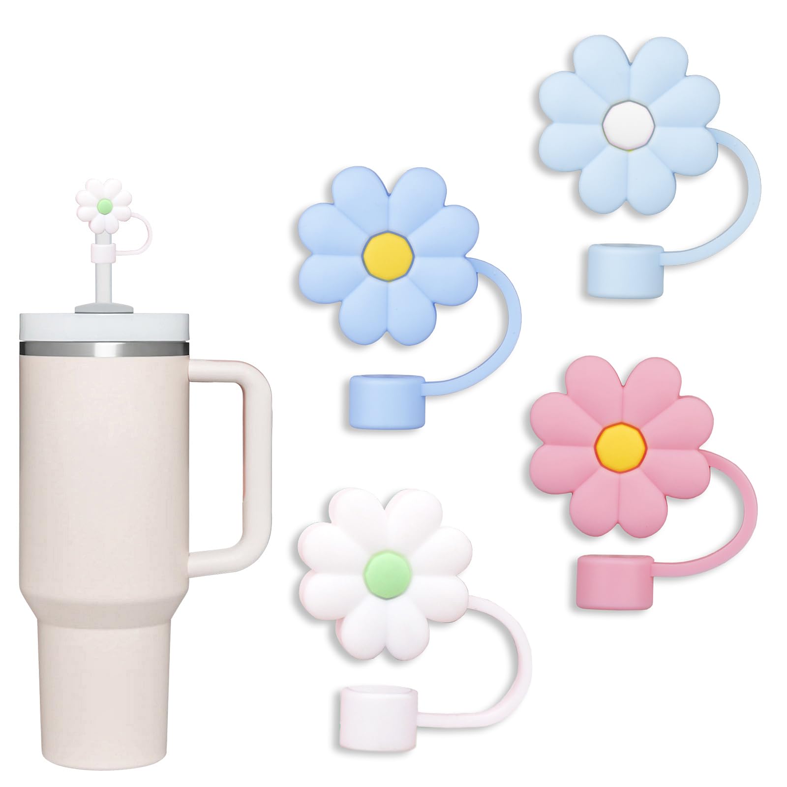 COCGVEL 4 Pack Compatible with Stanley 30&40 Oz Tumbler, 10mm Flower Straw Covers Cap, Cute Silicone Straw Covers, Straw Protectors, Various Shapes Soft Silicone Straw Lids for 10mm Straws