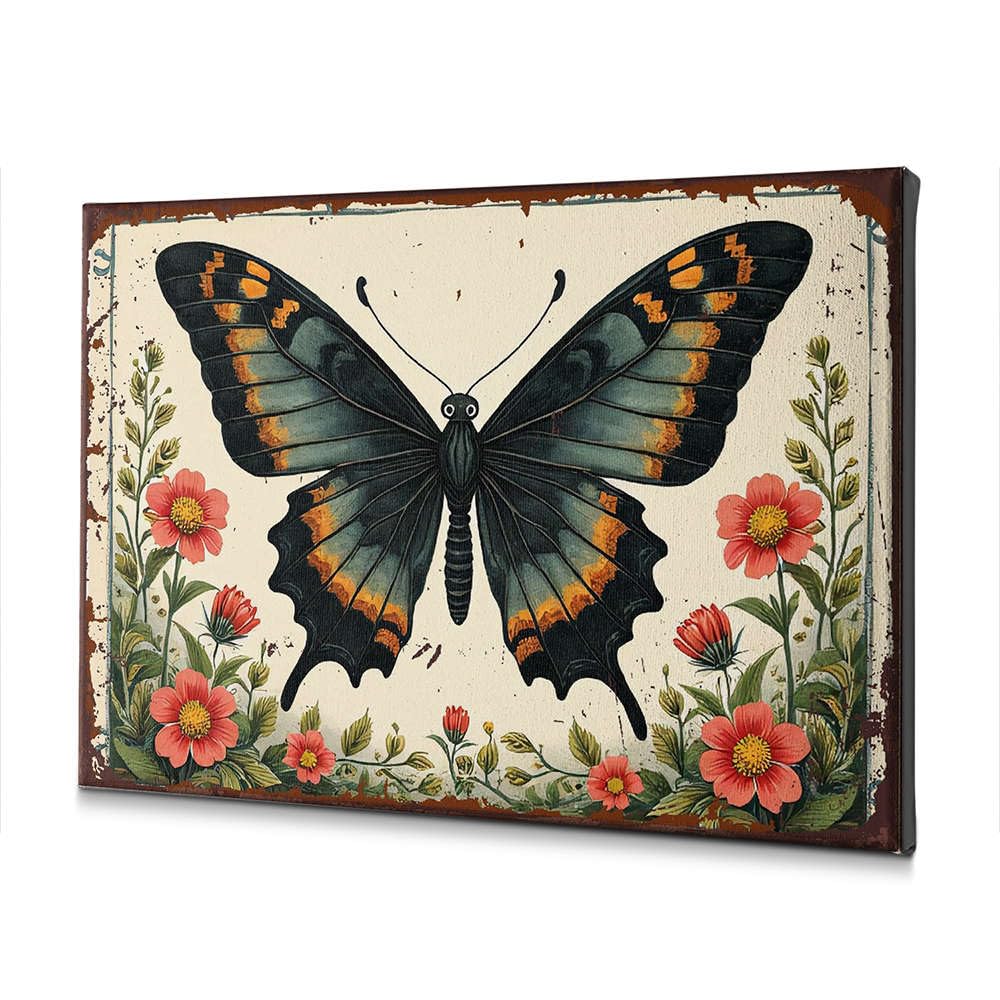Tableau papillon noir réveiller mur blanc toile fleurs rouges - 4