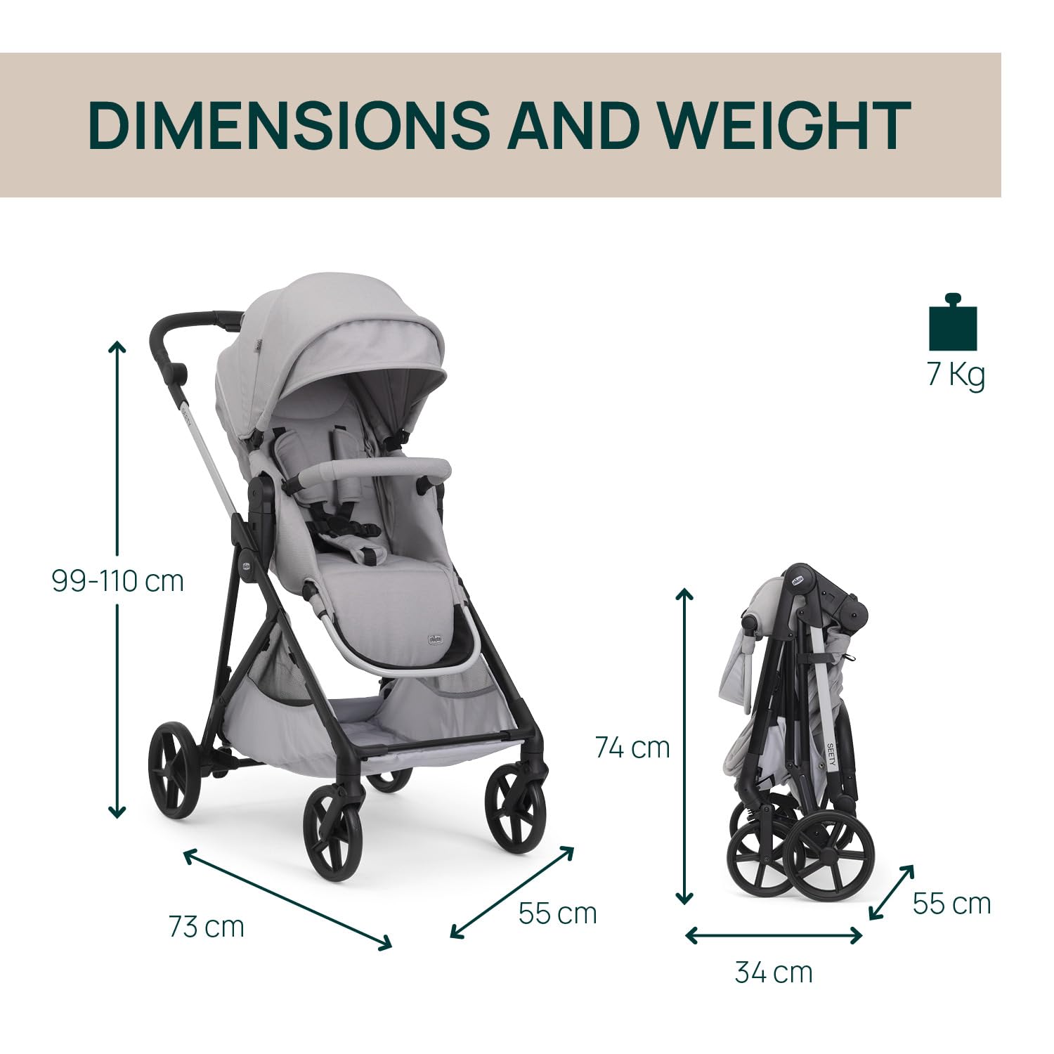 Chicco Cochecito Seety, Cochecito Ligero y Compacto De 0 Meses a 4 Años, Capacidad Máxima 22 kg, Cochecito Plegable,Respaldo Reclinable,Cierre Automático con 1 Movimiento, Capota Parasol y Cubrelluvia