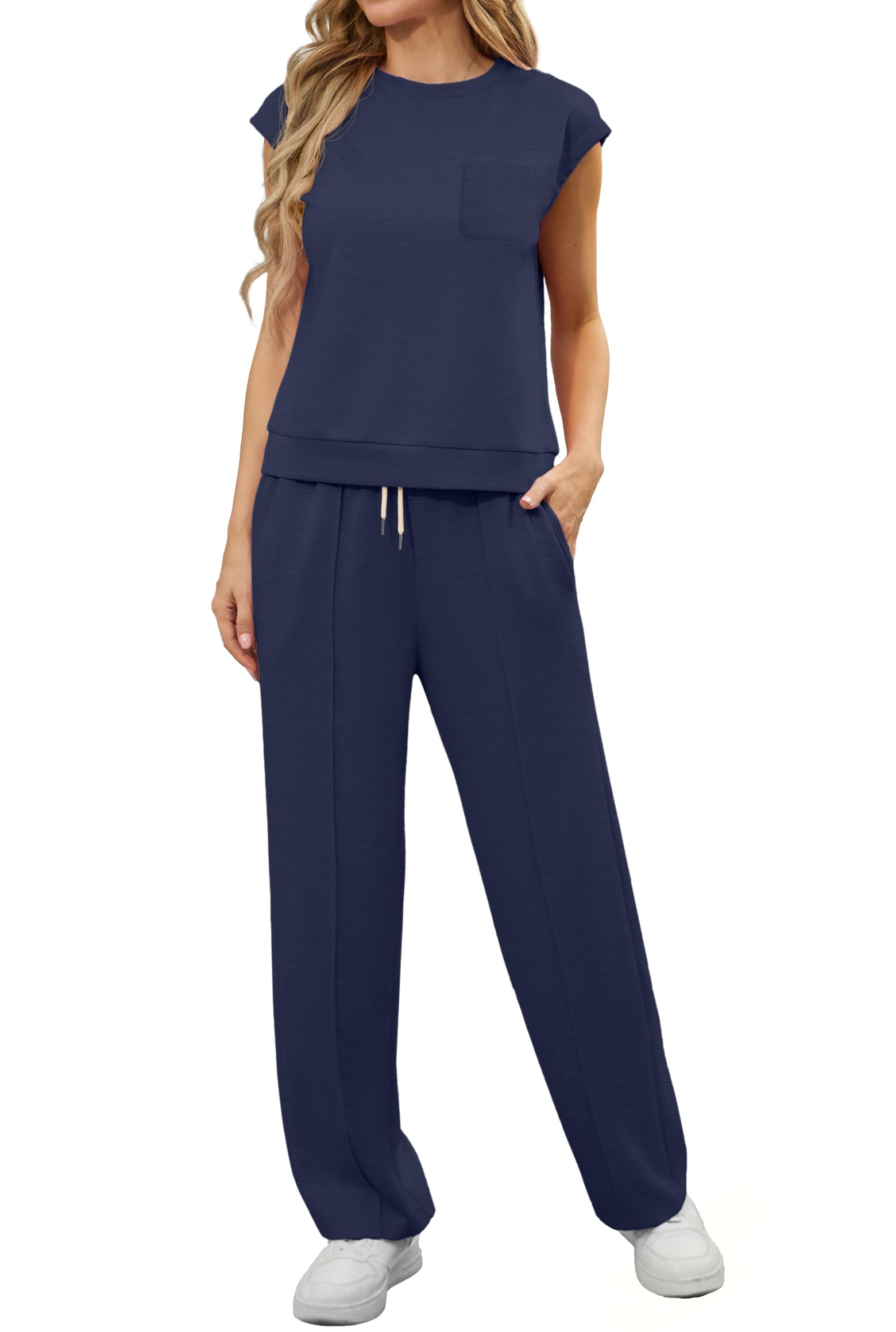 GRECERELLE Tuta estiva a maniche corte da donna, set completo, da donna, casual, girocollo, maniche ad aletta e pantaloni da jogging con tasche
