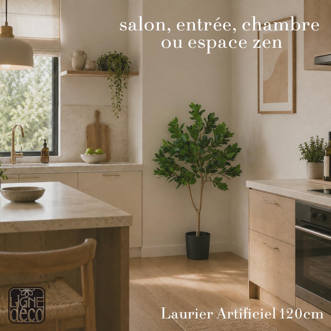 Ligne Déco – Laurier Artificiel 120cm | Plante Artificielle Pot Plastique Noir Imitation Terre