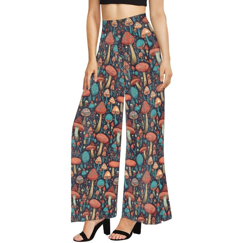 Irisjudy Colorful Magical Mushrooms Women Casual High Waisted Palazzo Pants Loose Fit Baggy Pants, Mushroom Lover Costume Outfits Comfy Wide Leg Pants Soft Pjs for Women