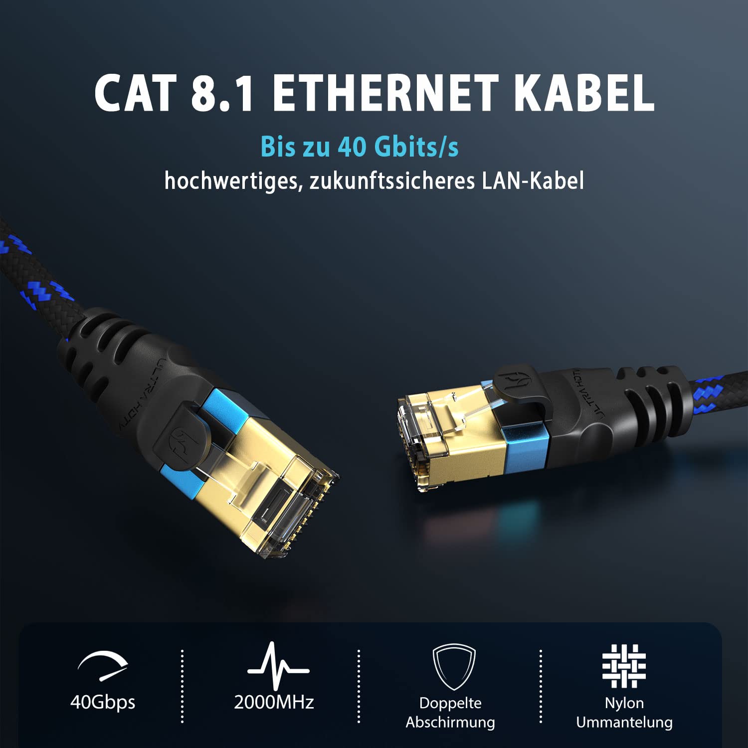Ultra HDTV Cavo di rete CAT 8.1-2 metri, cavo LAN 40 Gbps, cavo patch Gigabit RJ45 Ethernet, protezione antipiega, rivestimento in nylon con fibra ottica 40.000 Mbit