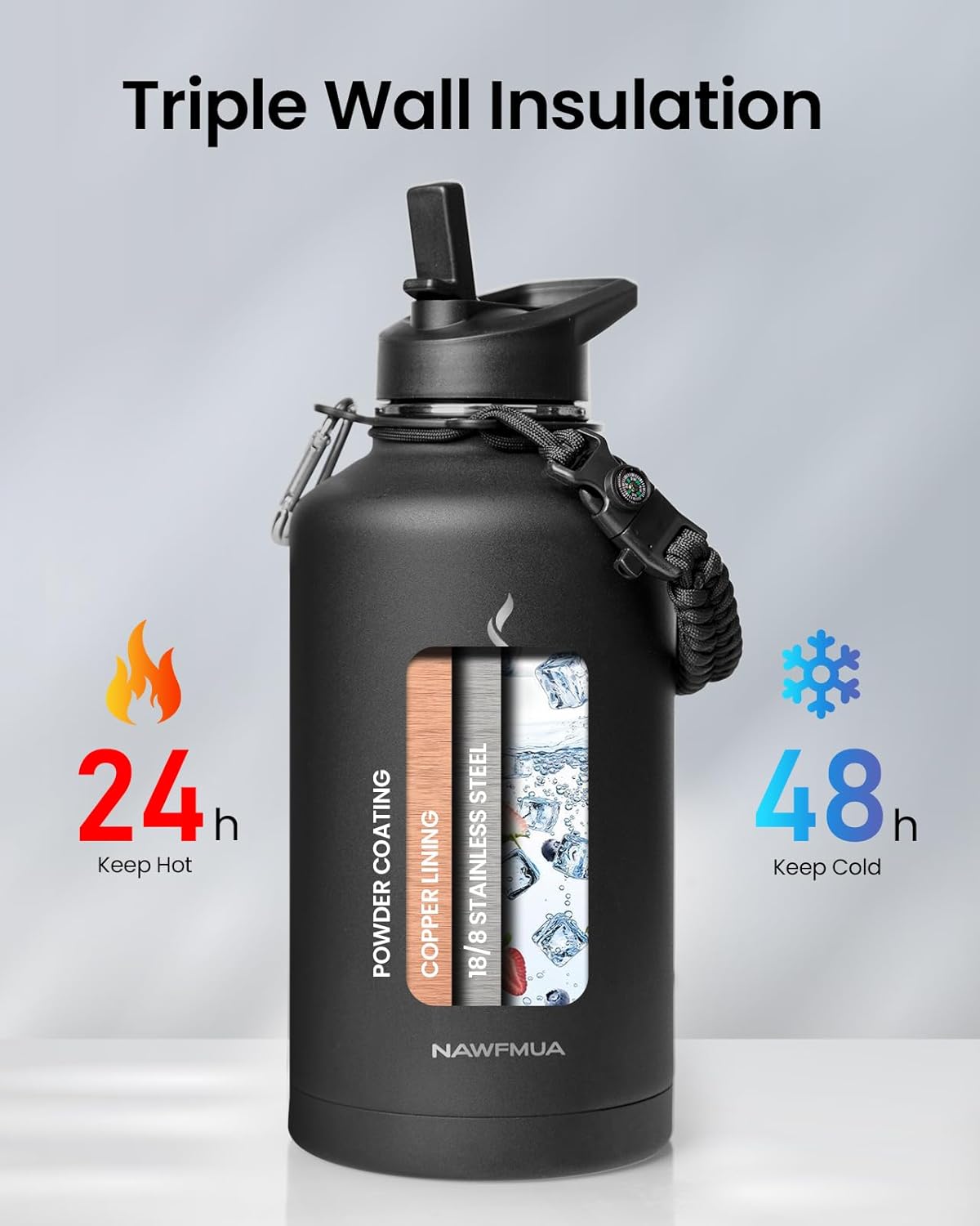 64 oz Insulated Water Bottle with Straw Lid and Spout Cap, Half Gallon Stainless Steel Water Flask with Carrying Pouch, Keep Cold for 48 Hrs Hot for 24 Hrs Water Thermo Canteen, Black