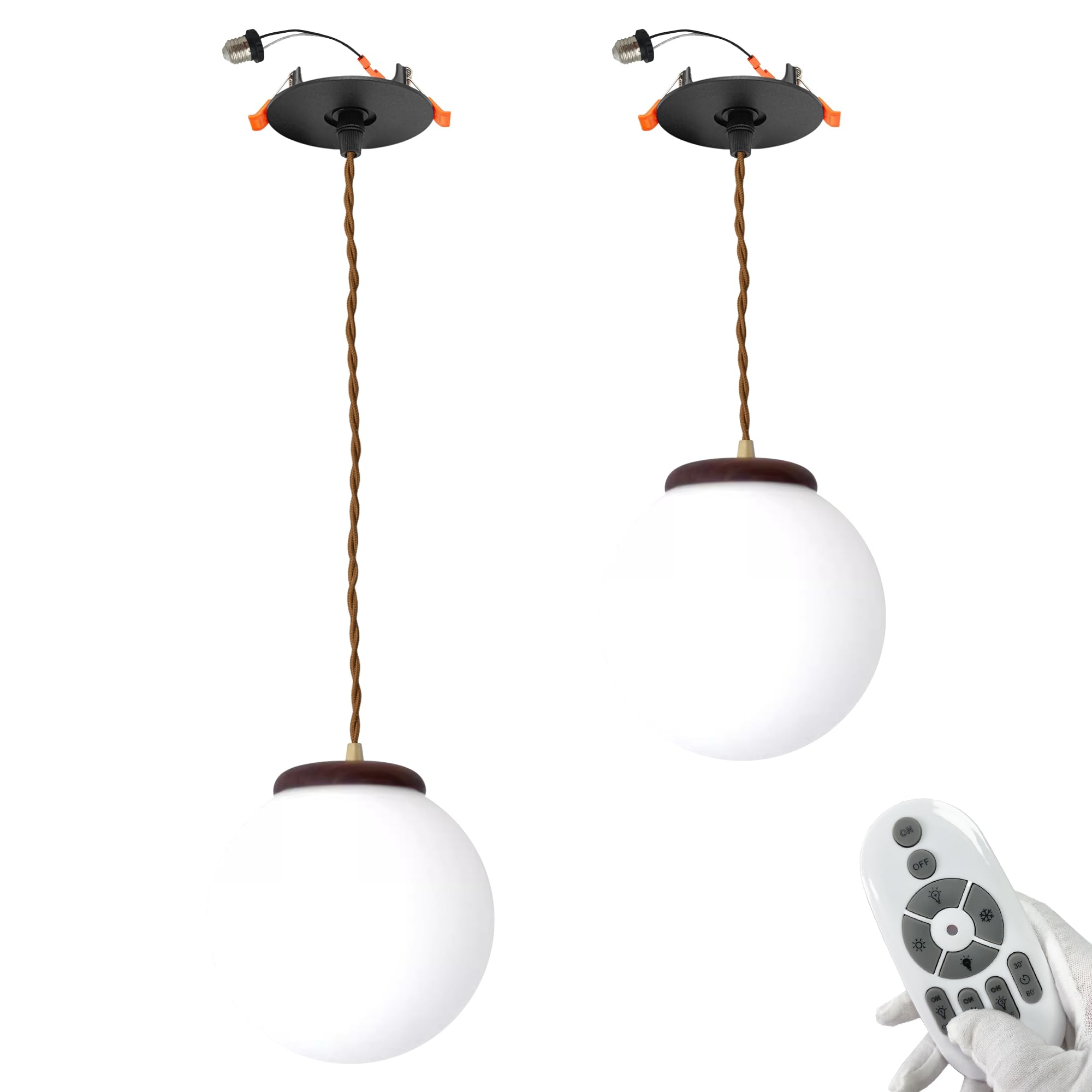SKIVTGLAMP Compatible E26 Adapter T24 Connector Conversion Kit Can Retrofit Recessed Light Pendants Remote Control for 4~5in Holes Adjustable Frosted White Globe Glass Cover Walnut Wood Socket
