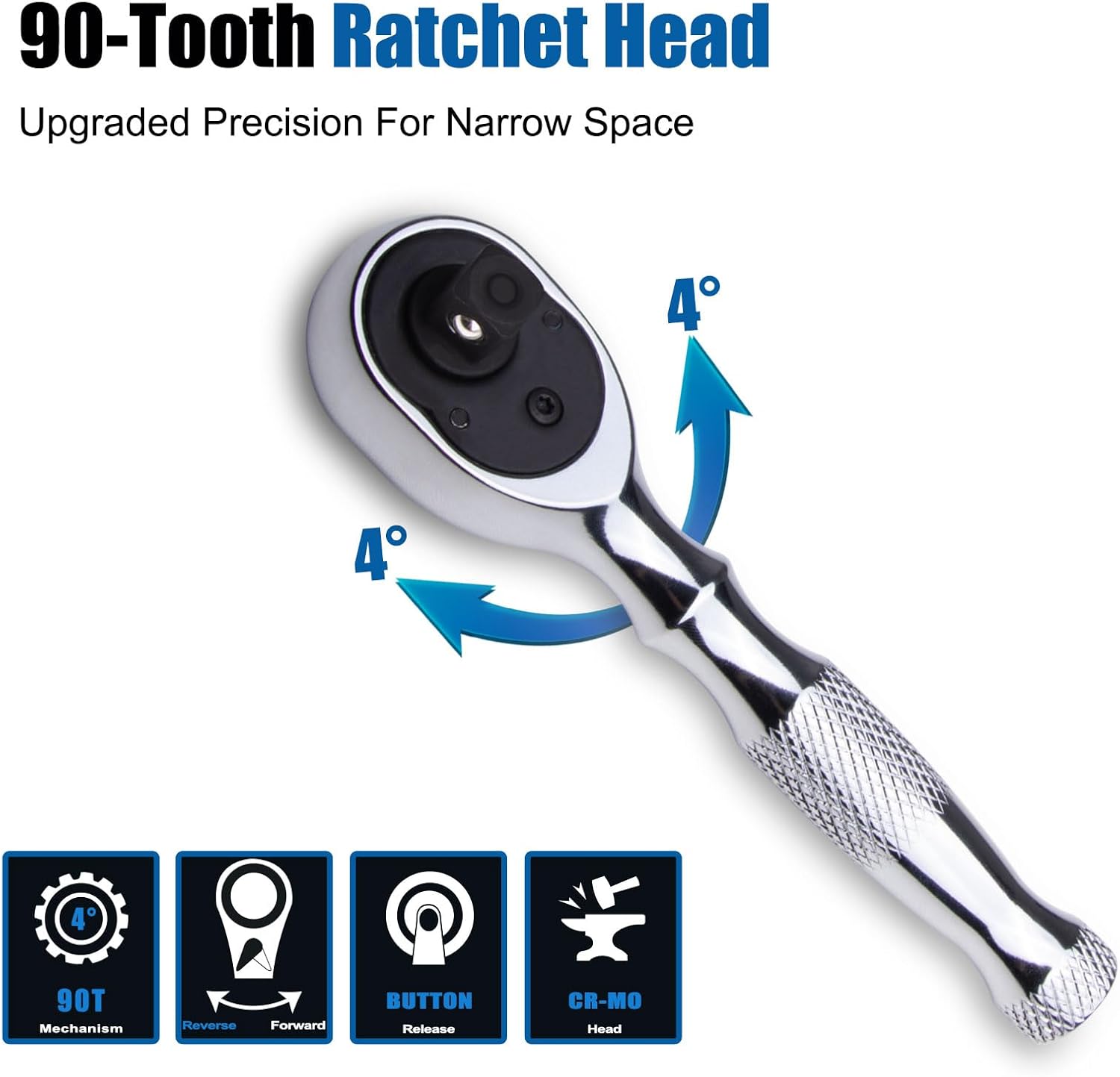 Stubby Ratchet Set 90-Tooth1/4, 3/8", 1/2" Drive Ratchet Handle Wrench Set with Extension rod, Quick-release Ratchet Wrench, Reversible, Chrome Alloy, Full Polished, for gifts