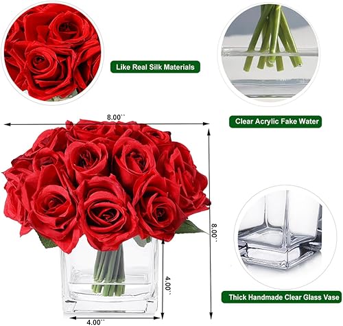 Miniatura 3 de 18 cabezas de rosas rojas falsas en jarrón con agua falsa, rosa de seda con jarrón para mesa de comedor, dormitorio, decoración de boda (rojo)