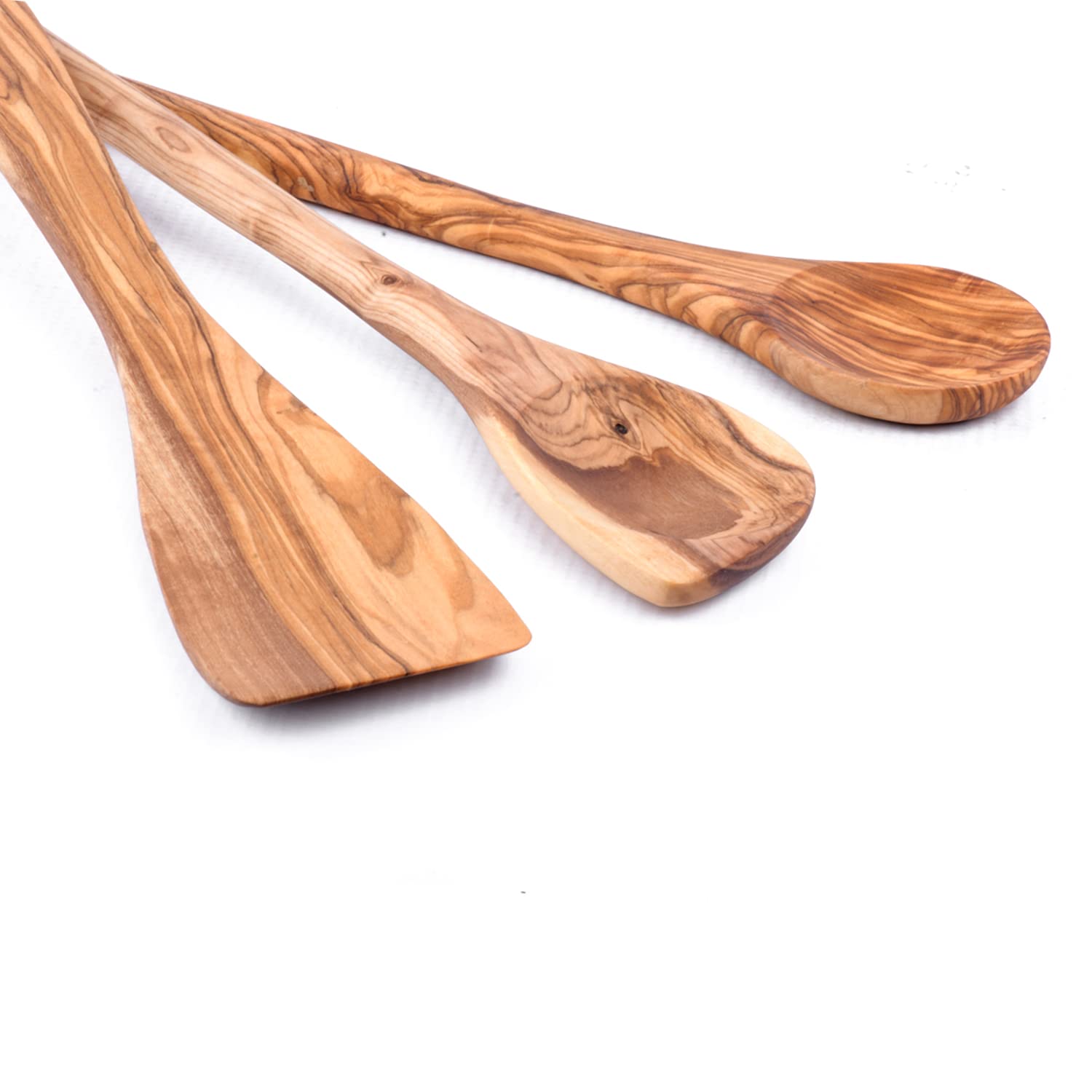 Cucchiai da cucina di alta qualità, 3 set in legno d'ulivo, rotondi, con angolo + spatola (set da 3)