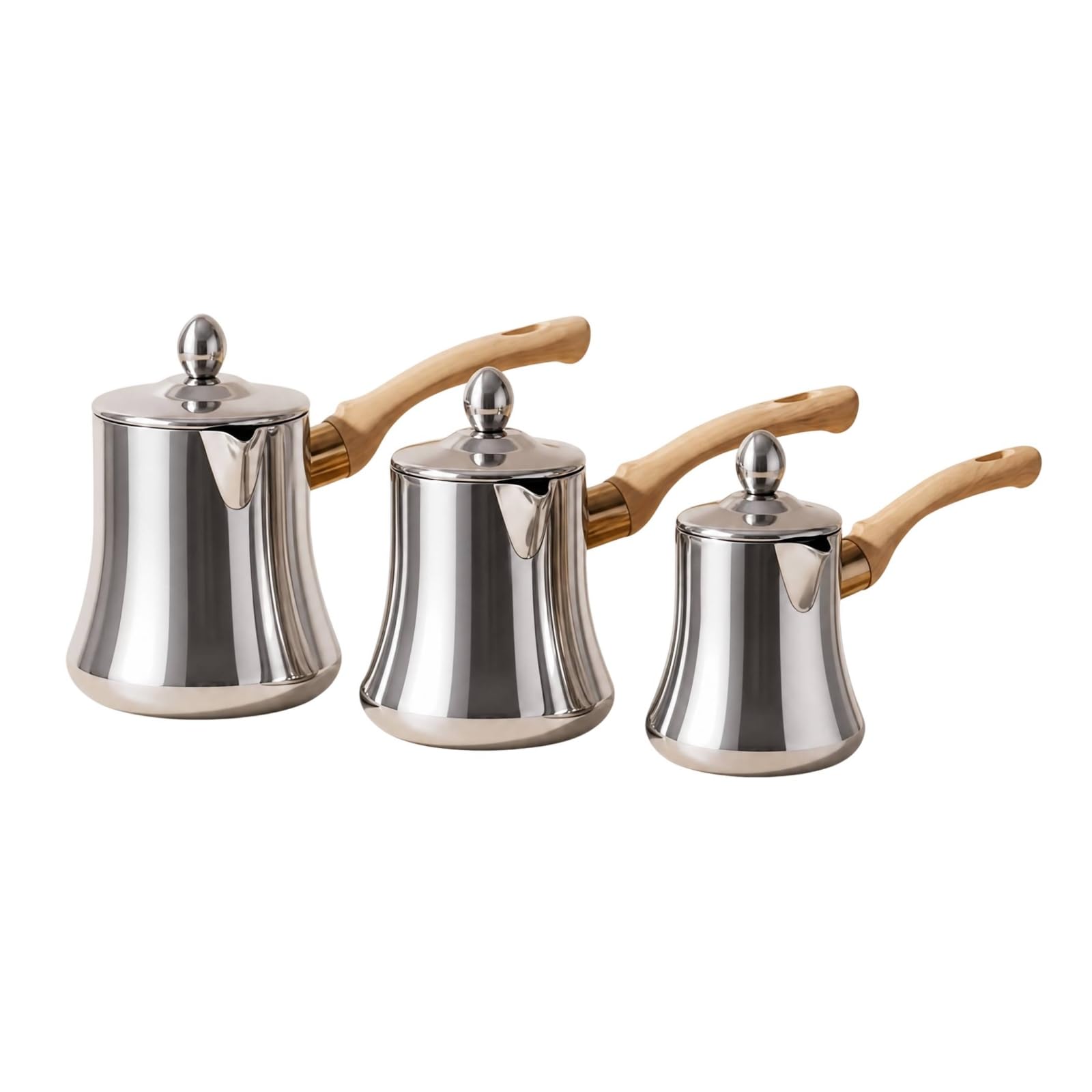 3 Stück Latte-Art-Kanne mit Holzmaserungsgriff glänzend poliert Kaffee-Milchbehälter mit Deckel lebensmittelecht Ausgießer Spout