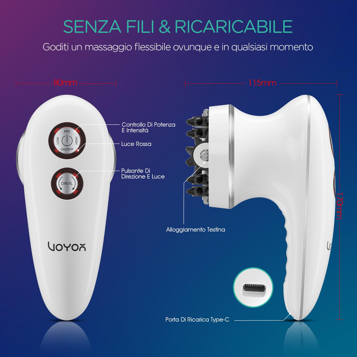 VOYOR Massaggiatore Anticellulite Cordless Elettrico per Viso Braccio Collo Corpo, 3 Teste Muti-funzional, Spazzola Pulizia, Impermeabile IPX7