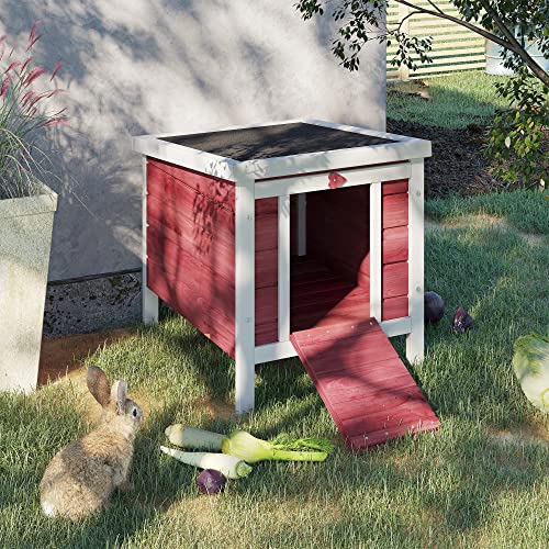 PawHut Small Wooden Rabbit Hutch Bunny Cage Guinea Pig Cage Duck House Dog House with Openable & Waterproof Roof, Red - Image 3