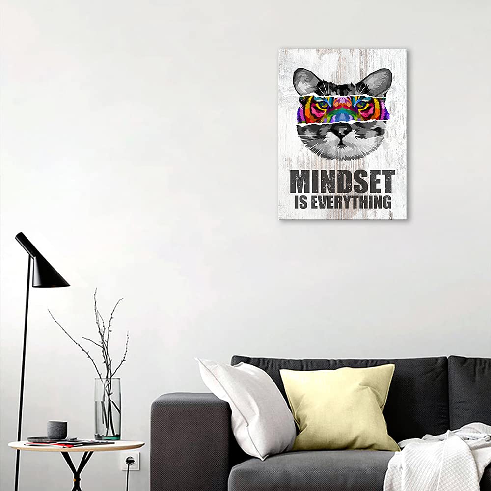 Mindset is Everything - Lienzo inspirador para pared, diseño de gato y tigre, diseño moderno motivacional, con texto en inglés "Mindset is Everything